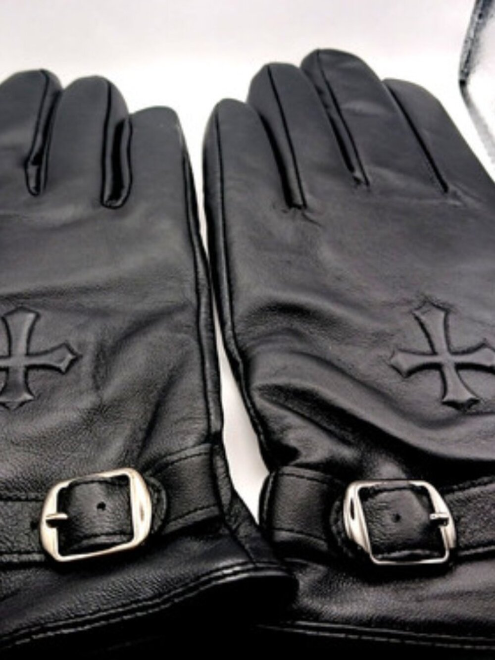 Goth Leather Cross Lambskin Black Gloves Unisex New